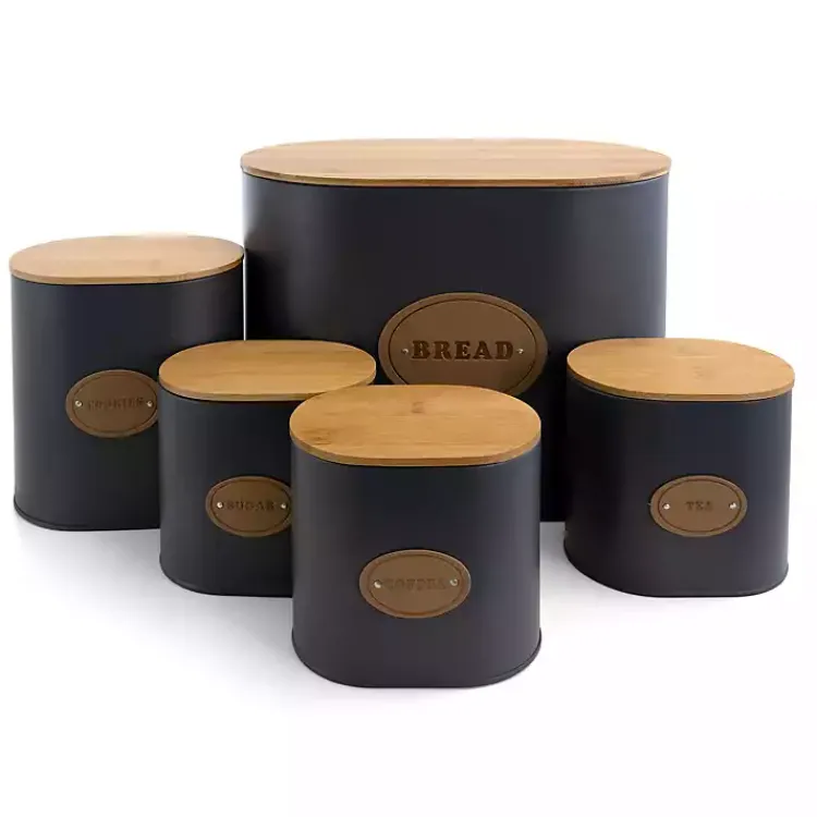Kitchen Storage-Kirklands Home Metal and Bamboo Label Canisters, Set of 5 Gray