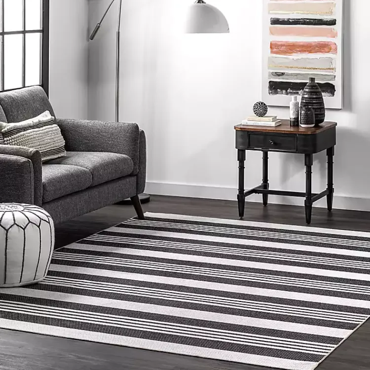 Area Rugs-Kirklands Home Gray and Black Striped Washable Area Rug, 5x8