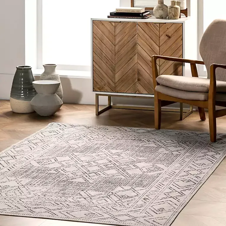 Area Rugs-Kirklands Home Gray Geometric Medallion Washable Area Rug, 5x8