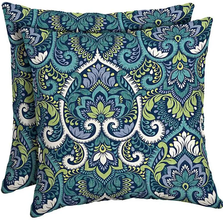 Outdoor Cushions & Pillows-Kirklands Home Sapphire Damask Outdoor Pillows, Set of 2