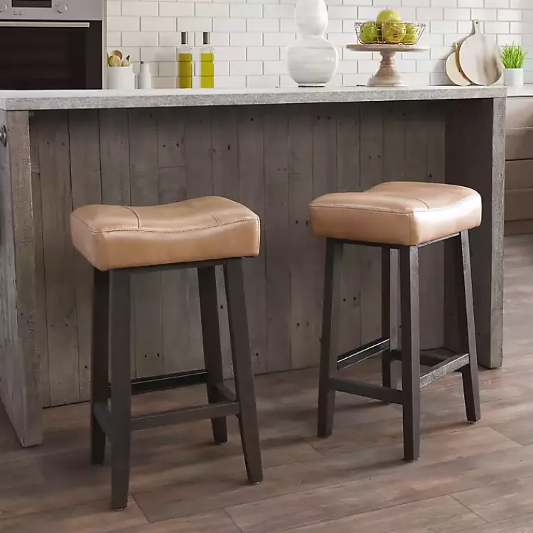 Bar Stools & Counter Height Stools-Kirklands Home Camel Wood and Leather Backless Stool Tan