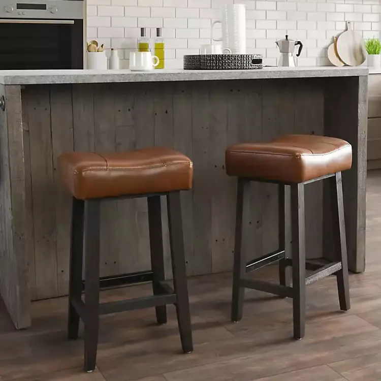 Bar Stools & Counter Height Stools-Kirklands Home Caramel Wood and Faux Leather Backless Stool Brown