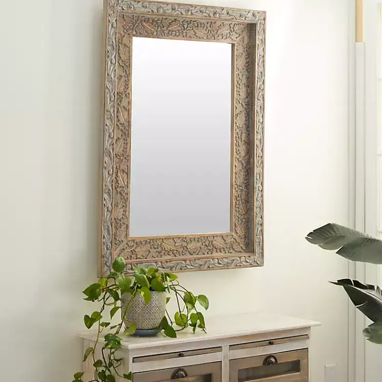 Decorative Mirrors-Kirklands Home Carved Floral Mango Wood Mirror