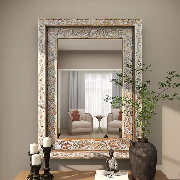 Decorative Mirrors-Kirklands Home Carved Floral Mango Wood Mirror
