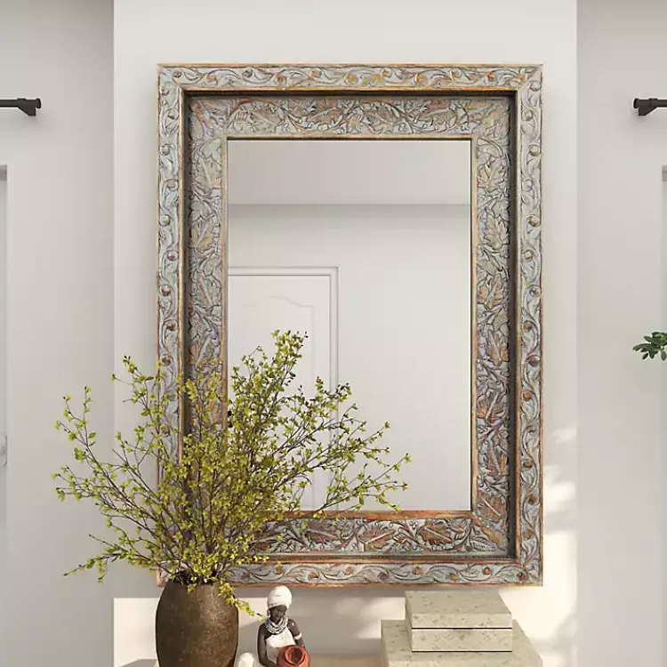 Decorative Mirrors-Kirklands Home Carved Floral Mango Wood Mirror