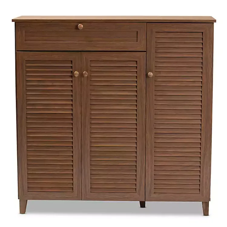 Entryway Furniture-Kirklands Home Walnut Wood 11-Shelf Paneled Shoe Cabinet Brown