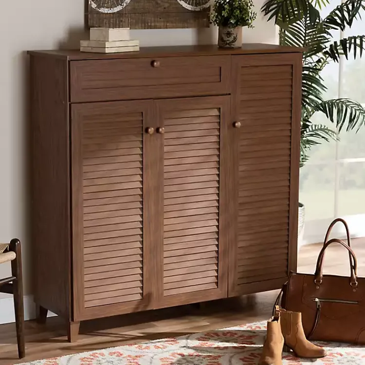 Entryway Furniture-Kirklands Home Walnut Wood 11-Shelf Paneled Shoe Cabinet Brown