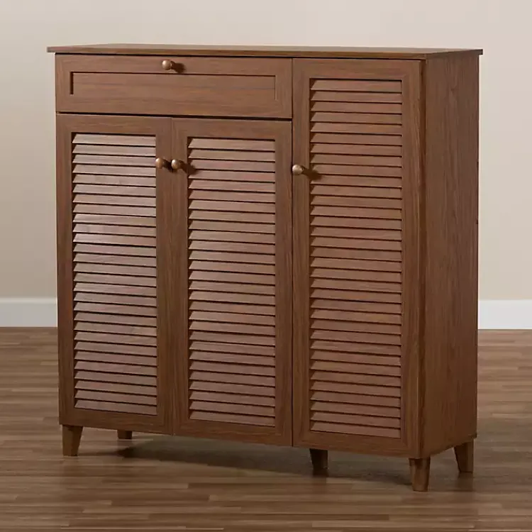 Entryway Furniture-Kirklands Home Walnut Wood 11-Shelf Paneled Shoe Cabinet Brown