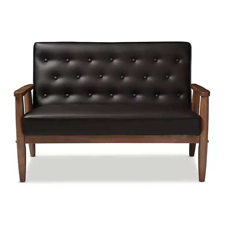 Sofas & Loveseats-Kirklands Home Faux Leather and Rubberwood Loveseat, 49 in. Brown