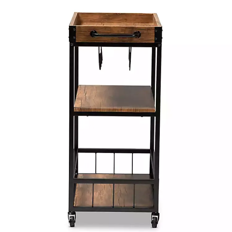 Kitchen Islands & Bar Carts-Kirklands Home Oak and Black Metal Bar Cart with Bottle Rack