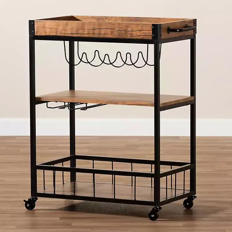 Kitchen Islands & Bar Carts-Kirklands Home Oak and Black Metal Bar Cart with Bottle Rack