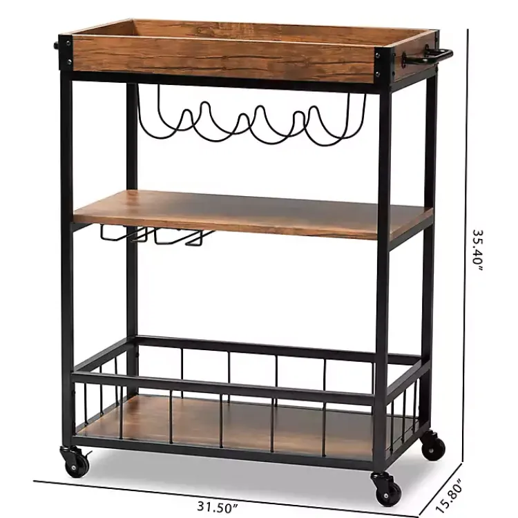 Kitchen Islands & Bar Carts-Kirklands Home Oak and Black Metal Bar Cart with Bottle Rack