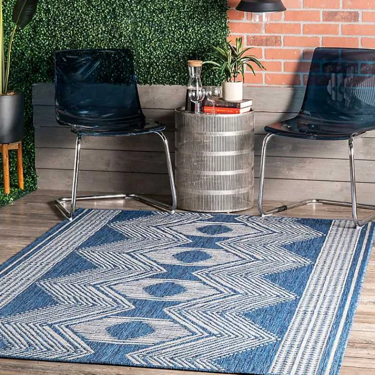 Outdoor Rugs-Kirklands Home Raina Blue Tribal Zig Zag Outdoor Rug, 5x8