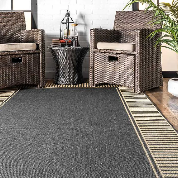 Outdoor Rugs-Kirklands Home Asia Gray Stripe Border Outdoor Rug, 5x8