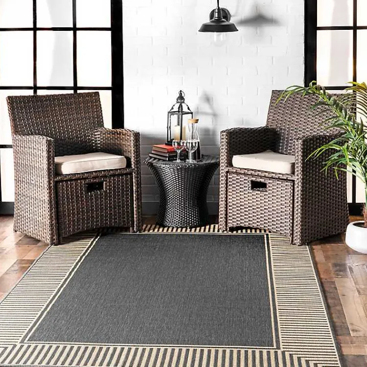 Outdoor Rugs-Kirklands Home Asia Gray Stripe Border Outdoor Rug, 8x10
