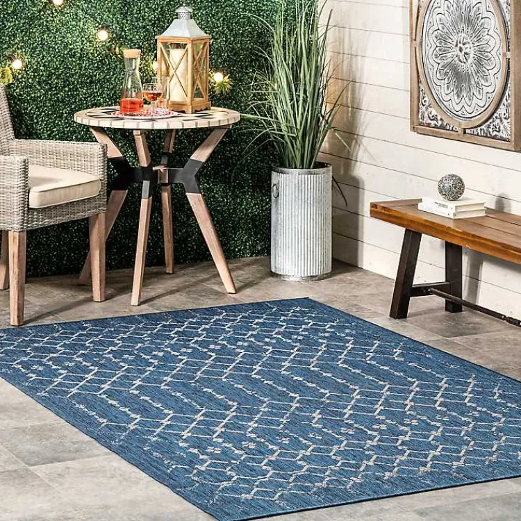 Outdoor Rugs-Kirklands Home Davon Blue Moroccan Trellis Outdoor Rug, 8x10