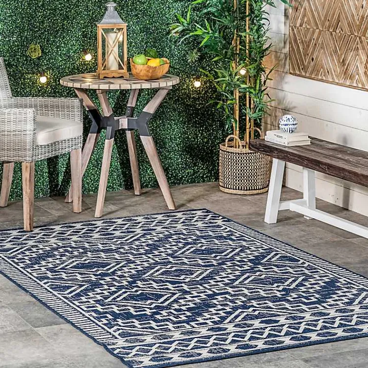 Outdoor Rugs-Kirklands Home Cammie Blue Moroccan Tribal Outdoor Rug, 5x8