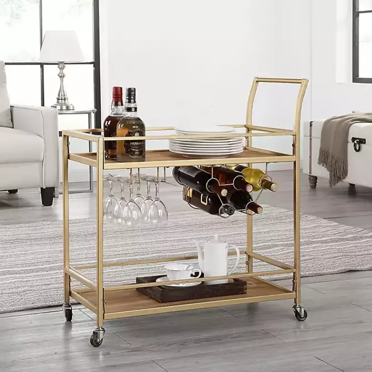 Kitchen Islands & Bar Carts-Kirklands Home Celeste Gold Metal and Wood Bar Cart