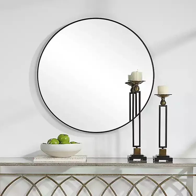 Framed Mirrors-Kirklands Home Black Round Simple Frame Large Wall Mirror