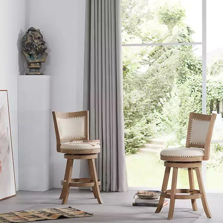 Bar Stools & Counter Height Stools-Kirklands Home Linen and Driftwood Nailhead Swivel Counter Stool Ivory