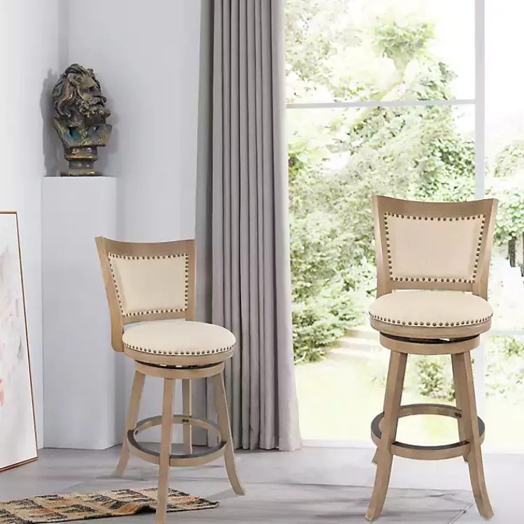 Bar Stools & Counter Height Stools-Kirklands Home Linen and Driftwood Nailhead Swivel Counter Stool Ivory