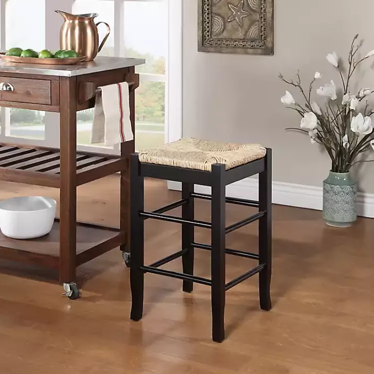Bar Stools & Counter Height Stools-Kirklands Home Wood and Woven Rush Counter Stool Black