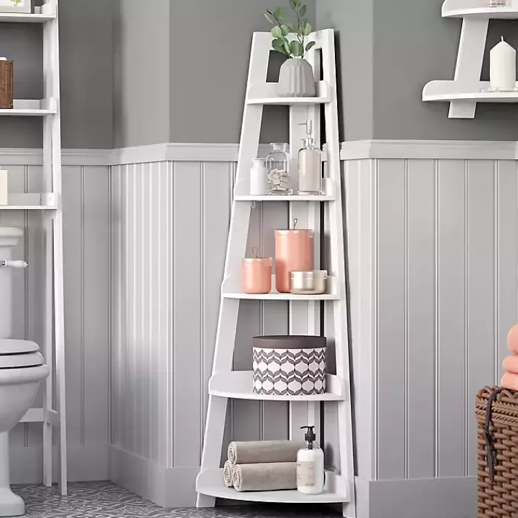 Bathroom Furniture-Kirklands Home White 5-Tier Corner Ladder Shelves