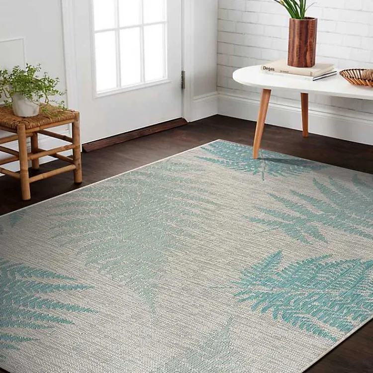 Outdoor Rugs-Kirklands Home Teal and Tan Falling Ferns Outdoor Area Rug, 5x7