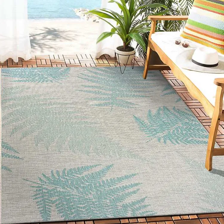 Outdoor Rugs-Kirklands Home Teal and Tan Falling Ferns Outdoor Area Rug, 5x7