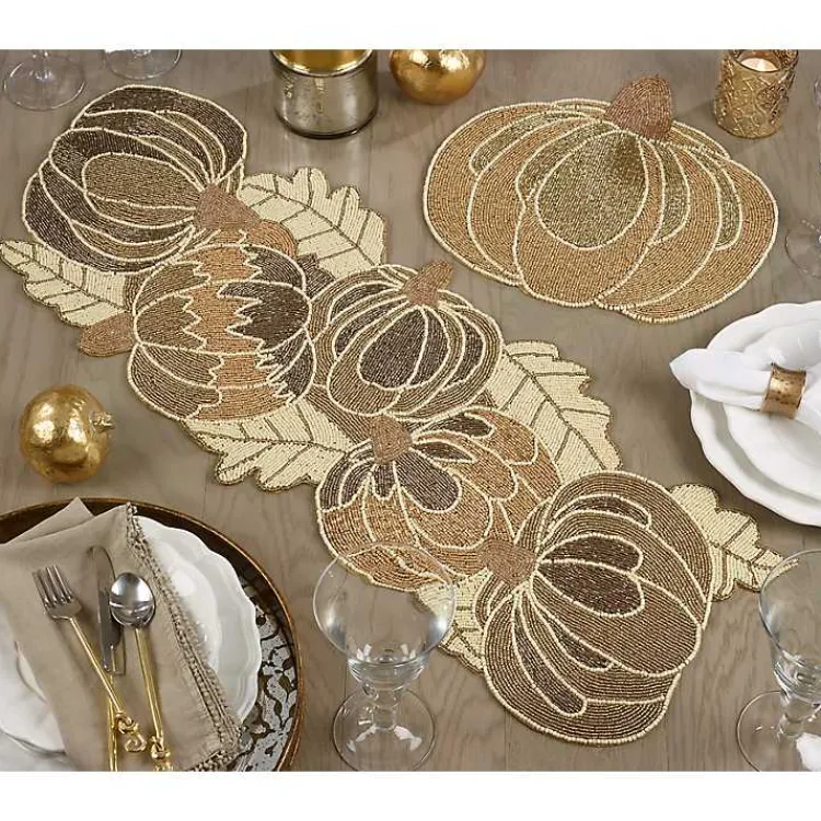 Table Linens-Kirklands Home Gold Beaded Pumpkin Harvest Table Runner