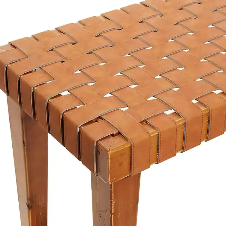Benches & Ottomans-Kirklands Home Woven Leather Textured Wood Bench Brown