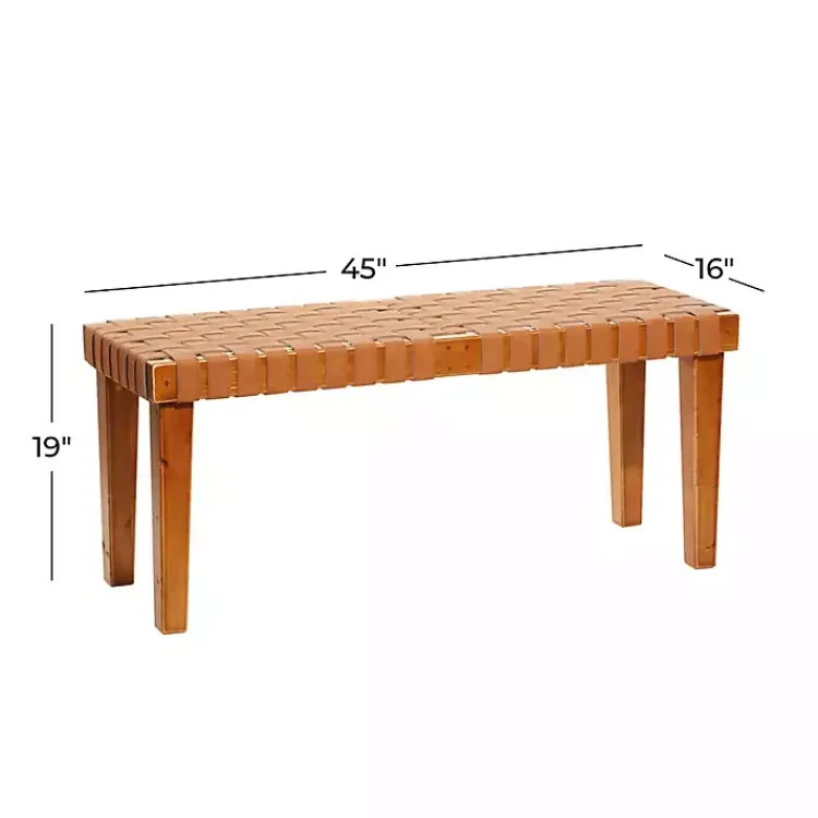 Benches & Ottomans-Kirklands Home Woven Leather Textured Wood Bench Brown
