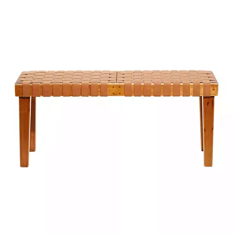 Benches & Ottomans-Kirklands Home Woven Leather Textured Wood Bench Brown