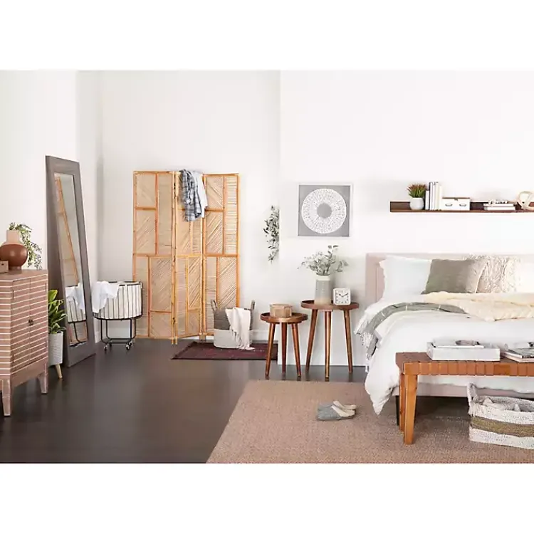 Benches & Ottomans-Kirklands Home Woven Leather Textured Wood Bench Brown