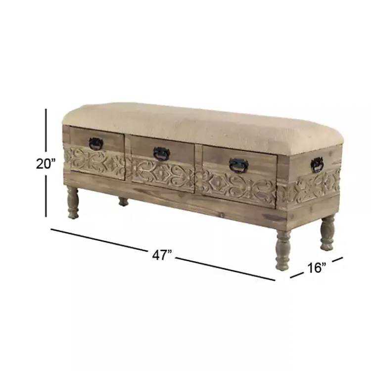 Benches & Ottomans-Kirklands Home Beige Upholstered Acanthus Carved Wooden Bench Tan