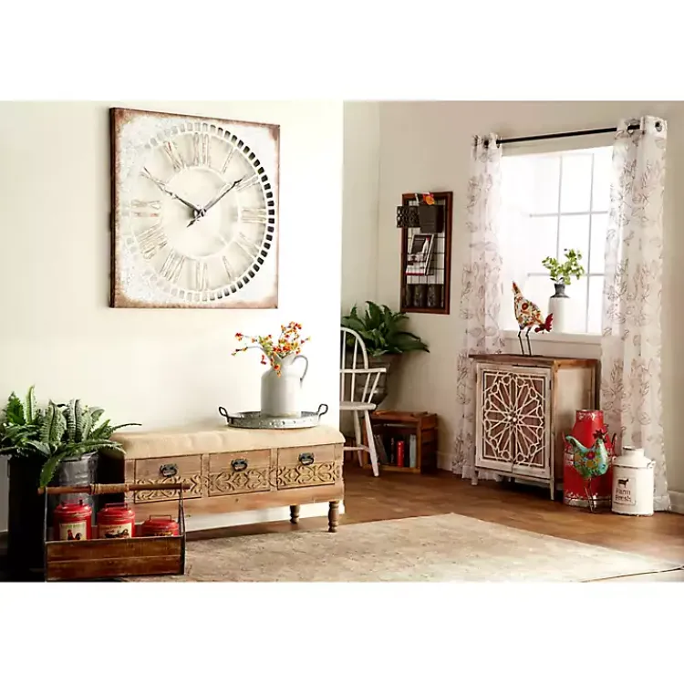 Benches & Ottomans-Kirklands Home Beige Upholstered Acanthus Carved Wooden Bench Tan