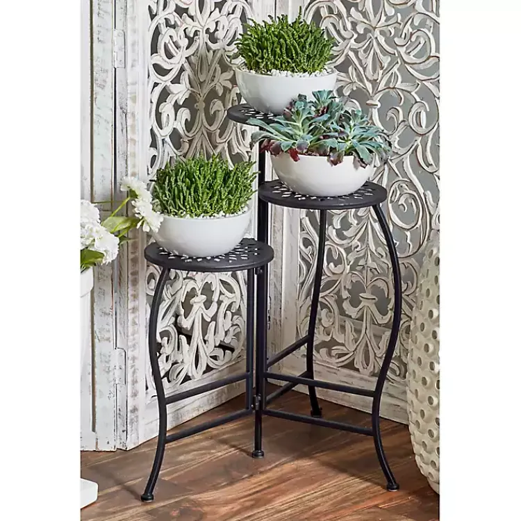 Planters-Kirklands Home Metal Medallion 3-Tier Folding Plant Stand Black