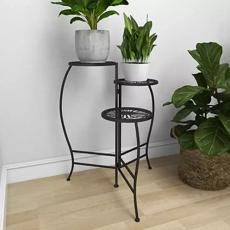 Planters-Kirklands Home Metal Floral 3-Tier Plant Stand Black