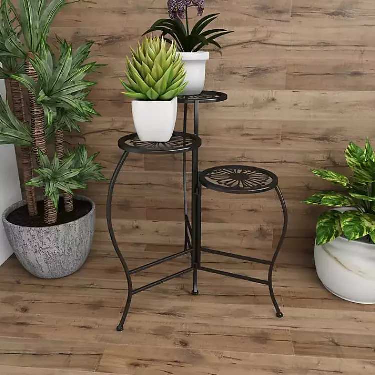 Planters-Kirklands Home Metal Floral 3-Tier Plant Stand Black
