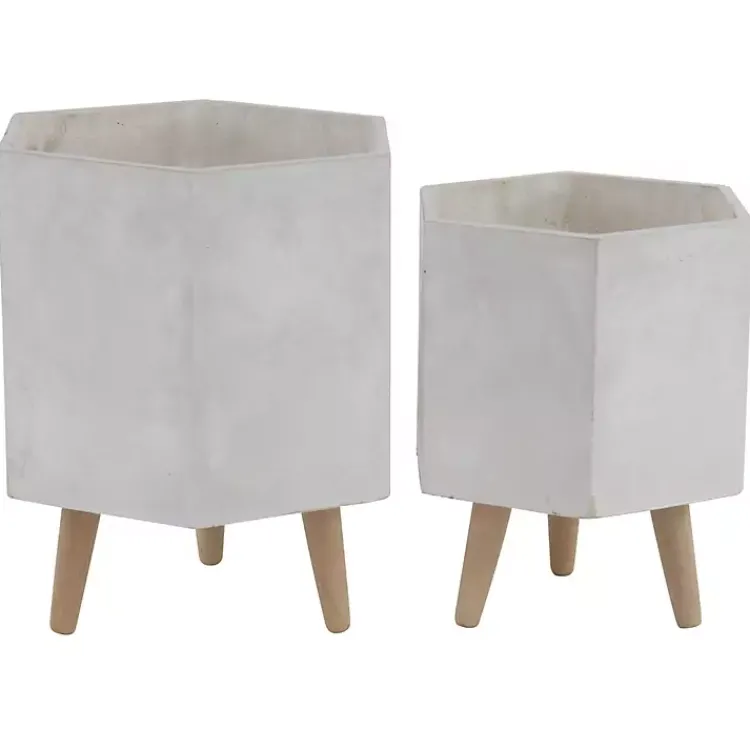 Planters-Kirklands Home Clay and Wood Hexagon Planters, Set of 2 White