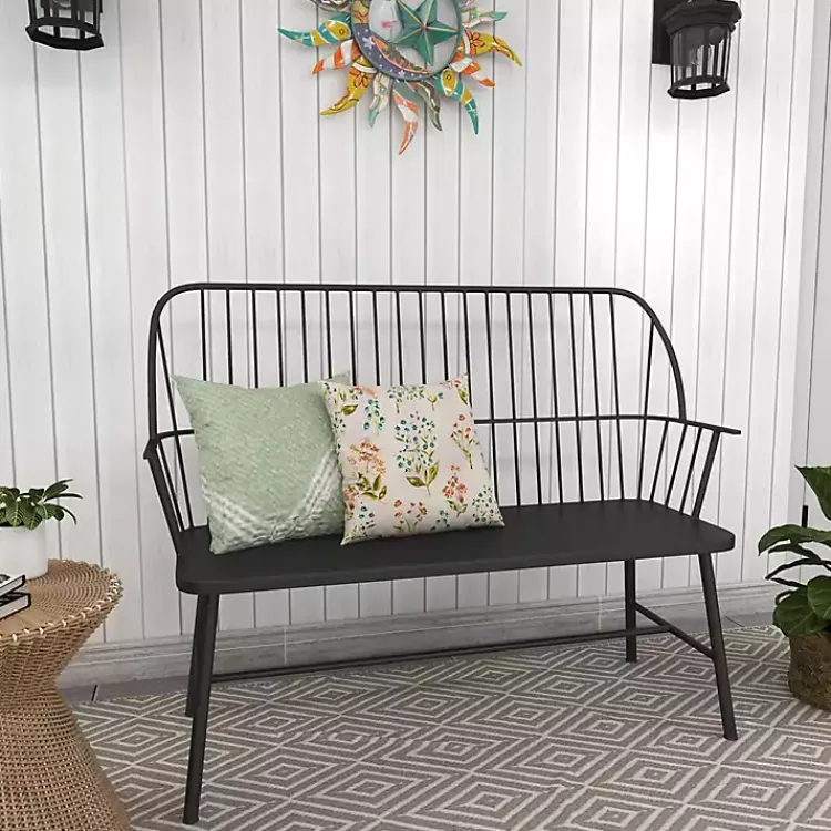 Outdoor Seating-Kirklands Home Metal Slatted Back Outdoor Bench Black