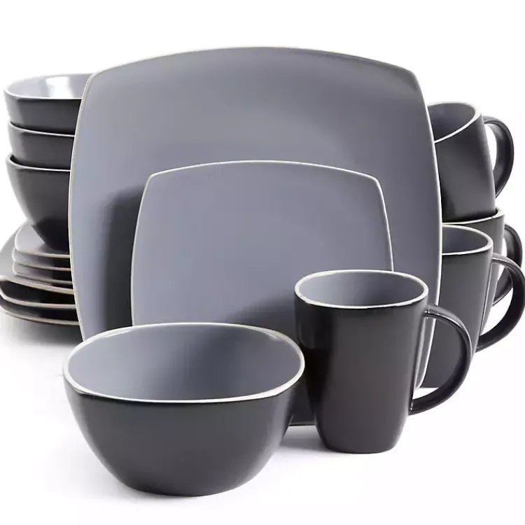 Dinnerware-Kirklands Home Matte Gray and Black 16-pc. Dinnerware Set