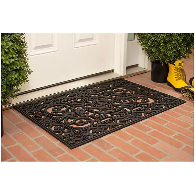 Doormats-Kirklands Home Scroll Border Rubber Doormat, 36x24 Black