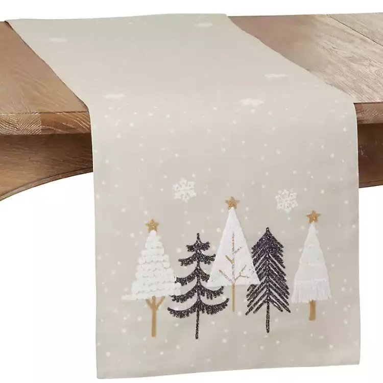 Table Linens-Kirklands Home Natural Embroidered Christmas Trees Table Runner