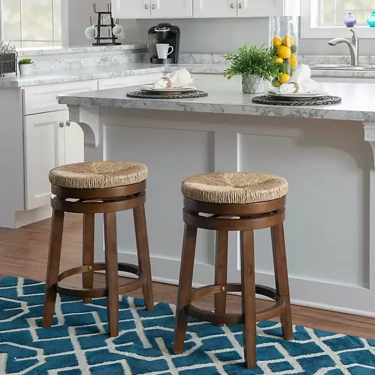 Bar Stools & Counter Height Stools-Kirklands Home Woven Seagrass Walnut Wood Swivel Counter Stool Tan