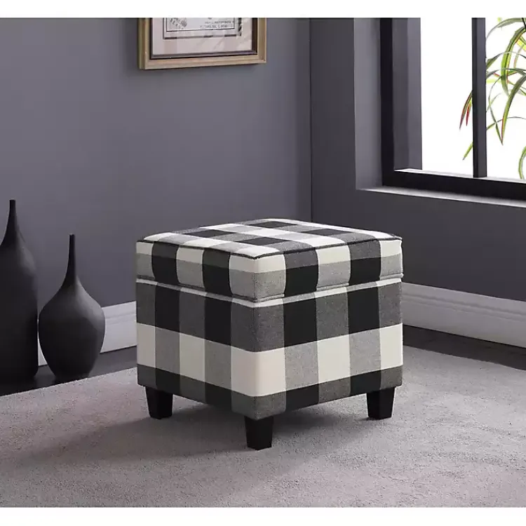 Benches & Ottomans-Kirklands Home Cream Buffalo Plaid Upholstered Storage Ottoman