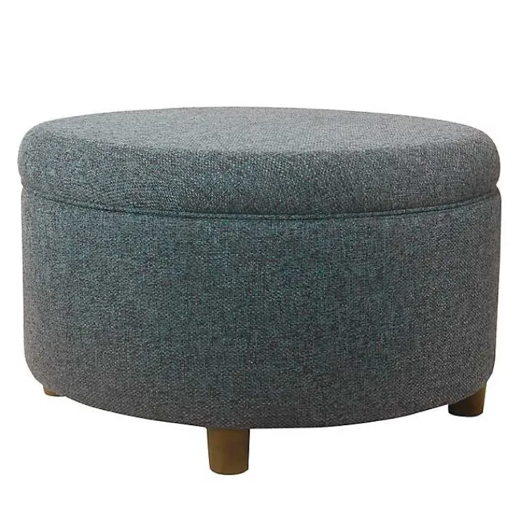 Benches & Ottomans-Kirklands Home Navy Upholstered Round Storage Ottoman Blue