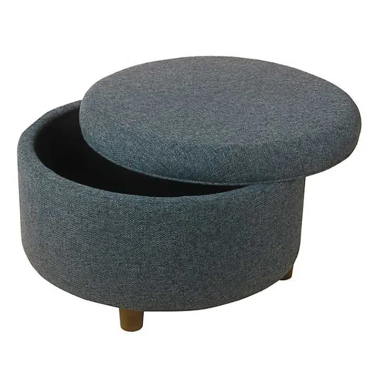 Benches & Ottomans-Kirklands Home Navy Upholstered Round Storage Ottoman Blue