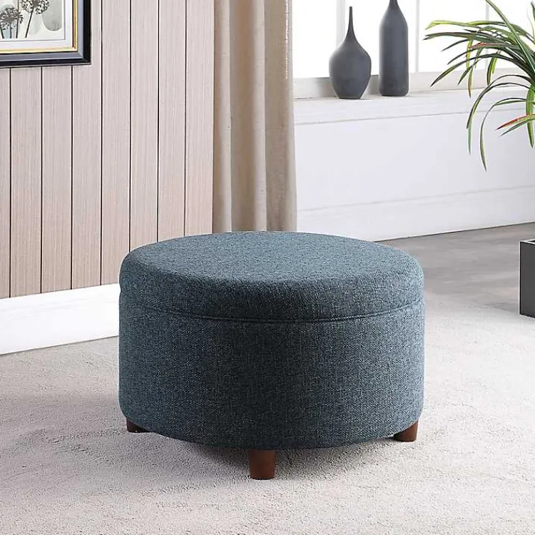 Benches & Ottomans-Kirklands Home Navy Upholstered Round Storage Ottoman Blue