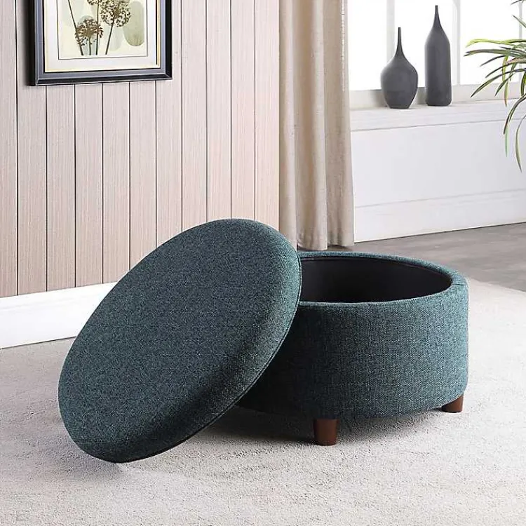Benches & Ottomans-Kirklands Home Navy Upholstered Round Storage Ottoman Blue
